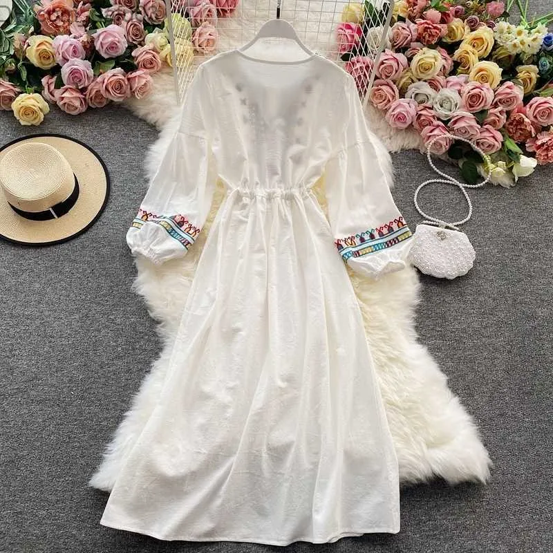 Basic Casual Linen Maxi Dress for Women with Embroidery, V-Neck, Lantern  Sleeves, Knee-Length, Autumn Colors from Dhgate Basic & Casual Dresses -  price 25.2