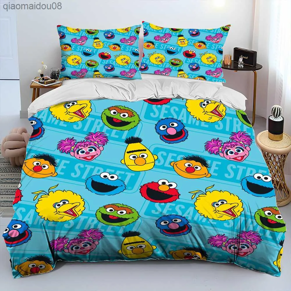 TV Sesame Street Consolador Bonito Desenhos Animados Conjunto de Cama Capa de Edredom Conjunto de Cama Capa de Colcha Estojo King Queen Size Conjunto de Cama Infantil L230704