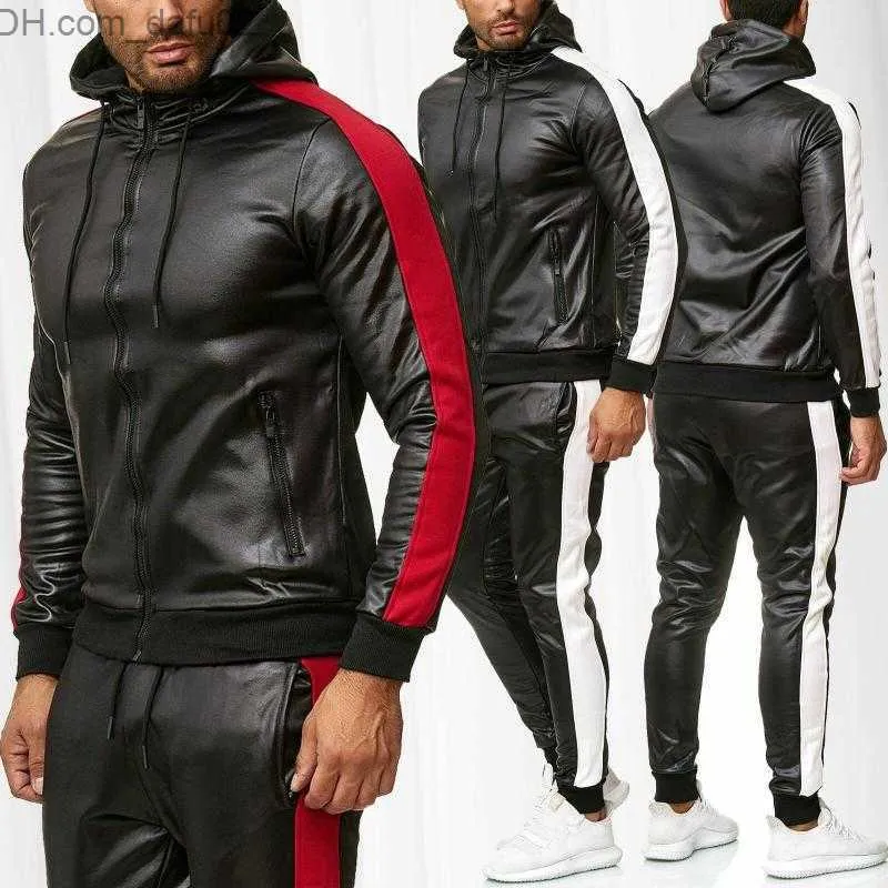 Survêtements pour hommes Survêtements pour hommes ZOGAA Automne Hiver Couture Veste En Cuir À Capuche Costume De Sport Rue À La Mode Loisirs Chic Hommes Ensembles Plus La Taille Z230725