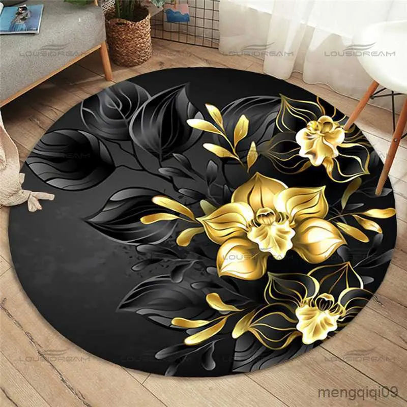 Carpets Fashion Round Rose Rug Home Anti-Slip Gold Rose Pattern Floor Mat Children's Bedroom Carpet Living Room Carpet gift R230726