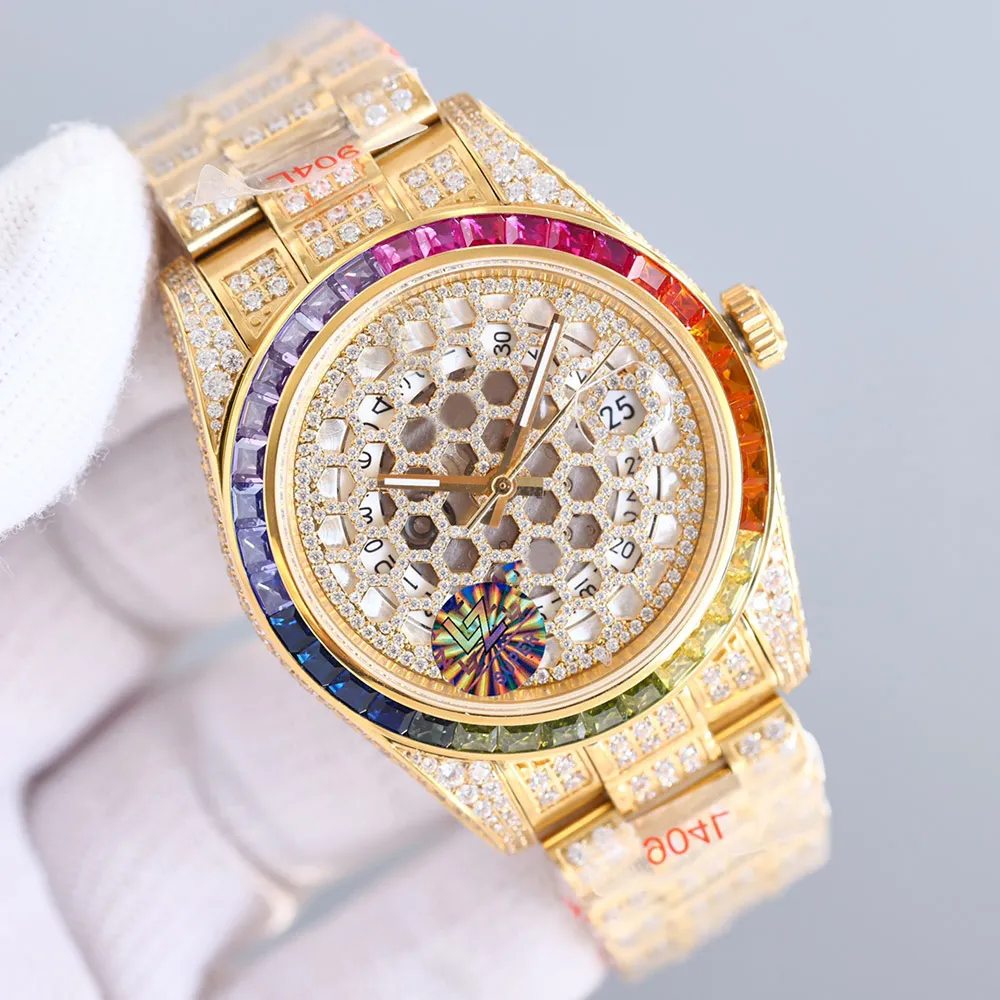 ホローダイヤモンドウォッチメンズウォッチ自動メカニカルデザイナーウォッチ41mmレインボーベゼルビジネス女性腕時計