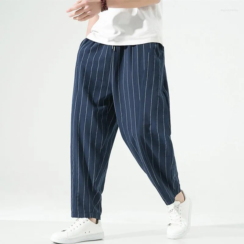 Mäns byxor herr casual stripe harem manlig lös japansk stil rak vintage män kvinna byxor bomull linnes streetwear