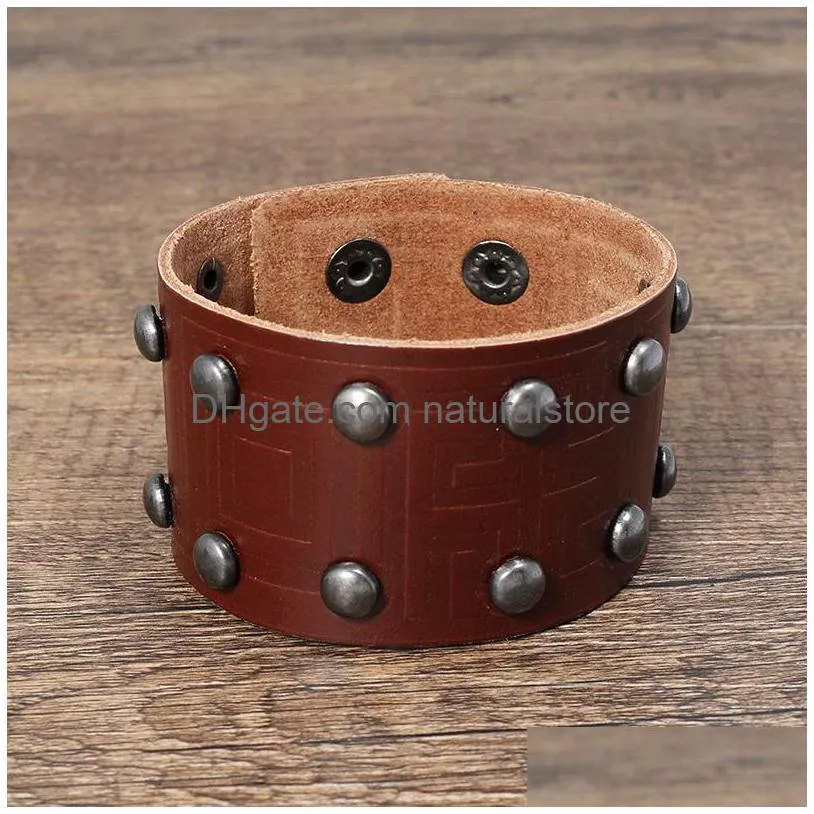 Bangle Punk Rivet Wide Leather Cuff Wrap Button Justerbar armband Wristand för män Kvinnor Fashion Jewelry Drop Delivery Armband Dhixr