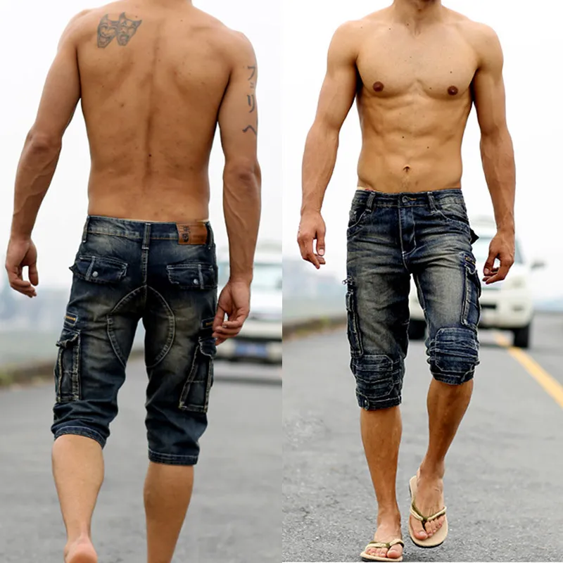 Été hommes rétro Cargo Denim Shorts Vintage acide lavé délavé multi-poches Style militaire motard court jean pour hommes