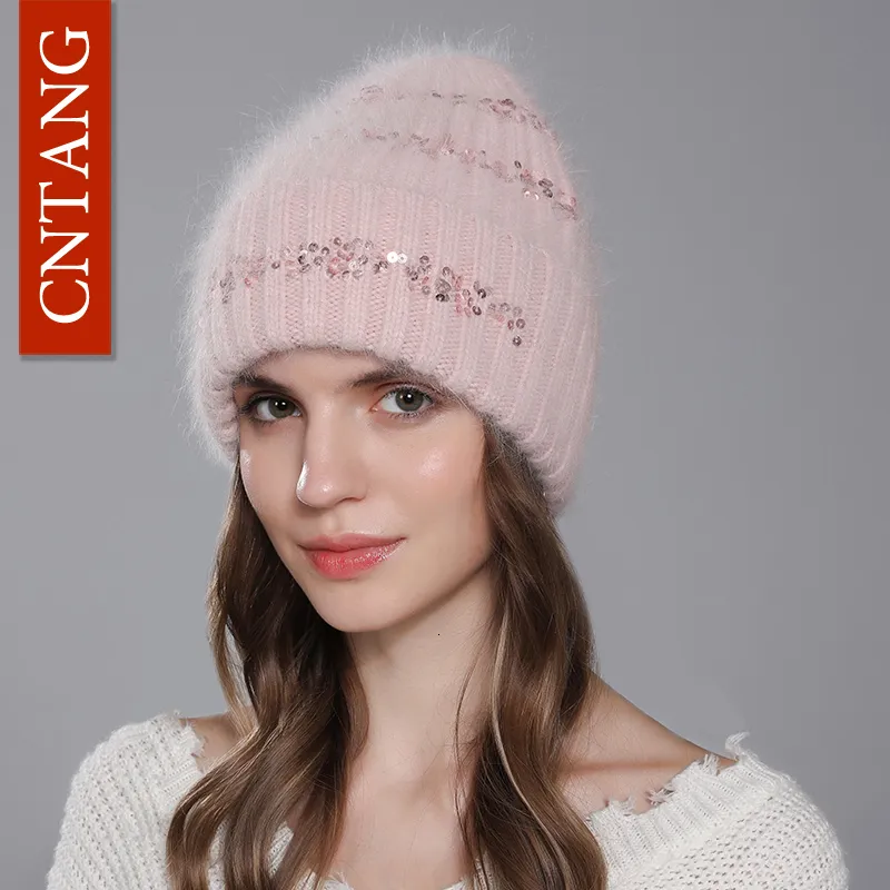 Beanie/Skull Caps CNTANG Fashion Hat Round Sequins Winter Warm Beanies Angora Rabbit Fur Hats For Women Knitted Female Hats High Quality Cap y2k 230725