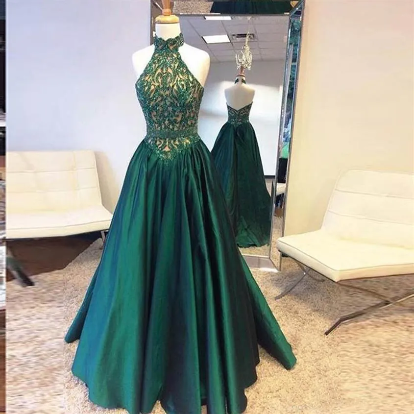 Vestidos de Baile Gola Alta Verde Escuro Topo em Renda E Corte A em Cetim Baixo Vestidos de Noite Longos Com Zíper Sem Costas Folho Vestido de Festa Formal313I