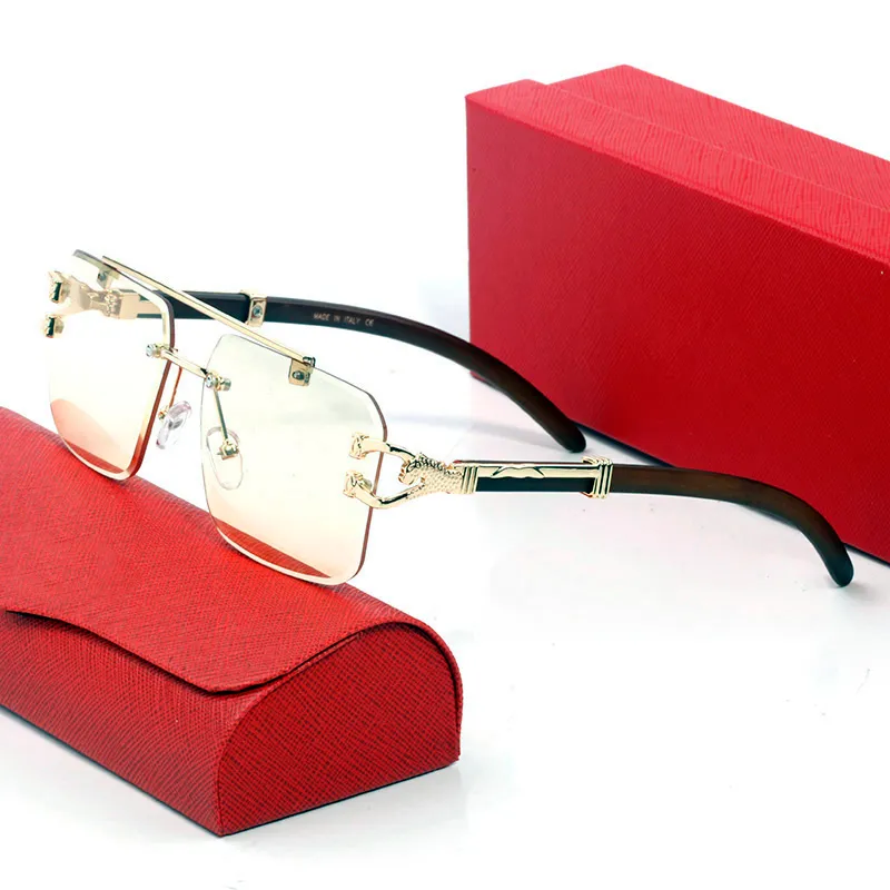 Solglasögon för kvinnor Summer C-formad 7234 Stil Anti-ultraviolet Retro Plate Panther Glasögon Leopard Metal Gold Frame Frameless trägode glasögon med låda