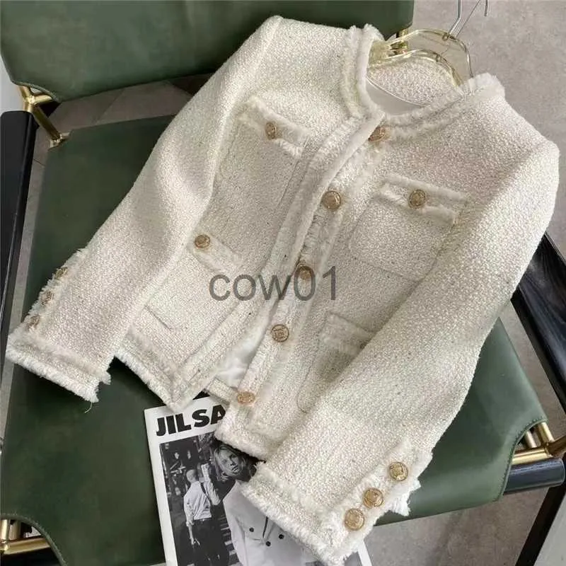 Women's Jackets White Tweed Short Jacket Women Fashion Elegant O-Neck Single Breasted High-End Coat Fall Winter Warm Office Lady Casual Outwear J230726