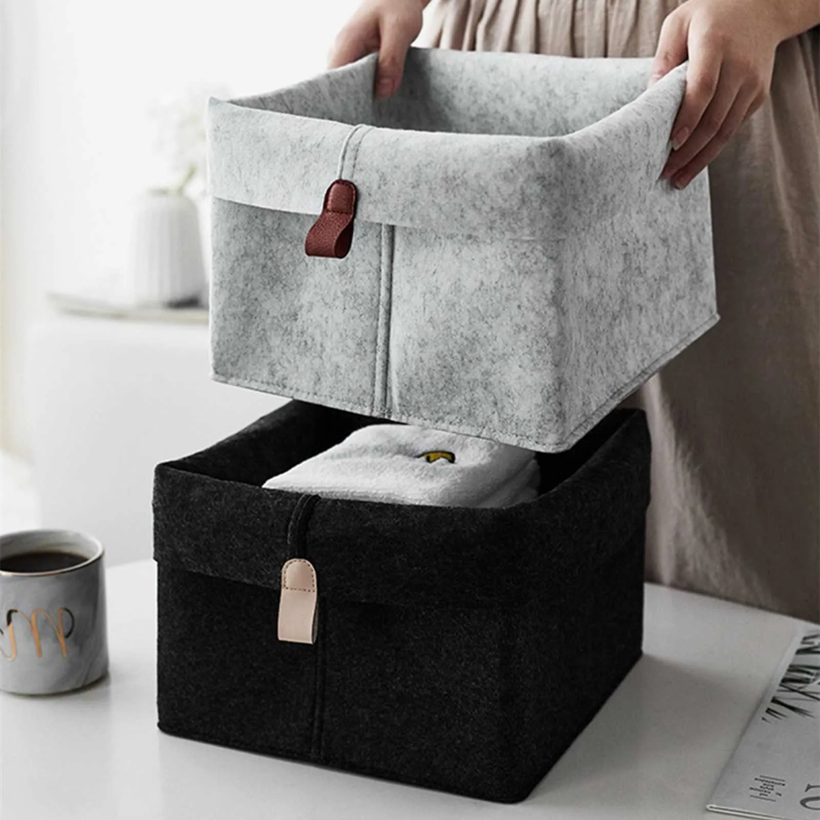 Storage Baskets Felt Storage Basket Living Room Tea Table Black Gray Sundries Storage Basket Cloth Felt Storage Box Bedroom Socks Storage