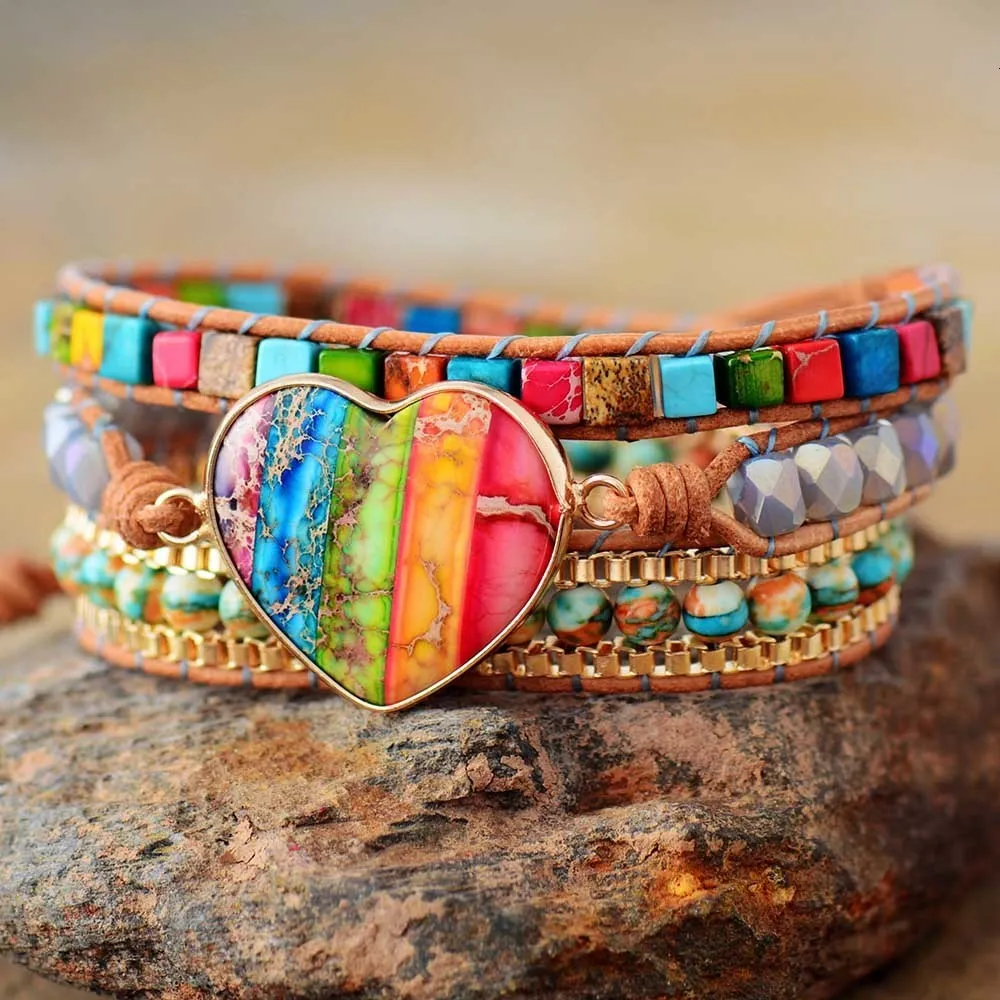 Bangle Romantic Spiritual Chakra Leather Wrap Armband w/ Mix Stone Heart Form 3 Strands Armband Classic Jewelry Bijoux Drop 230726