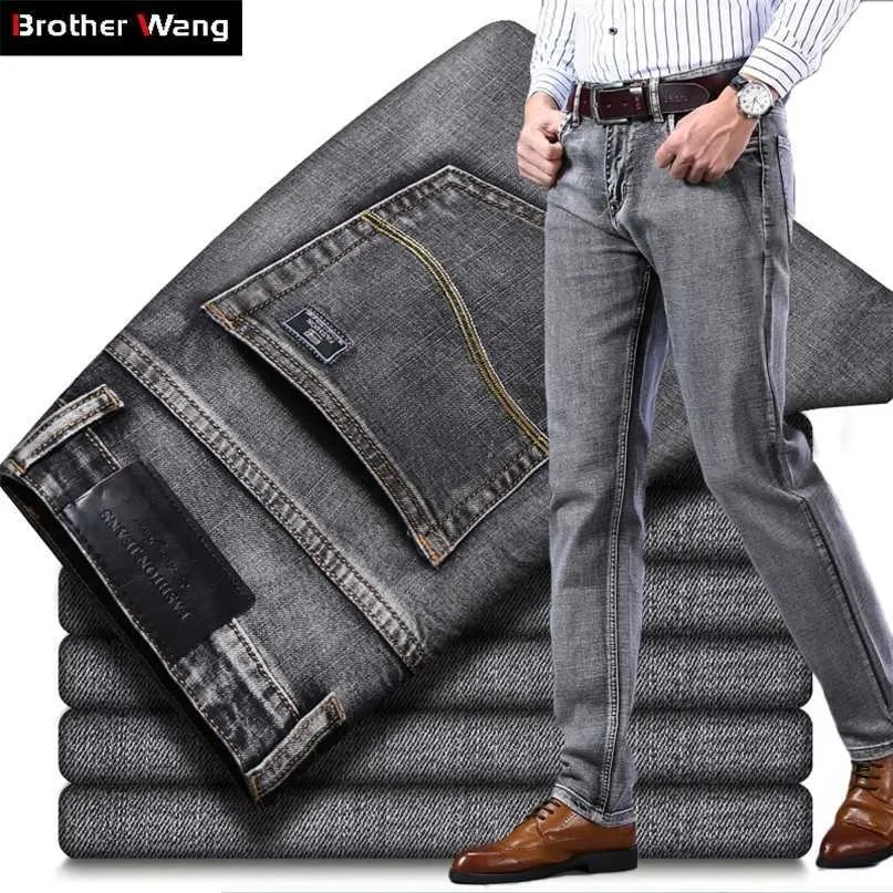 Men's Stretch regelbundet passar jeans Business Casual Classic Style Fashion Denim Trousers Male Black Blue Grey Pants 220408 L230726