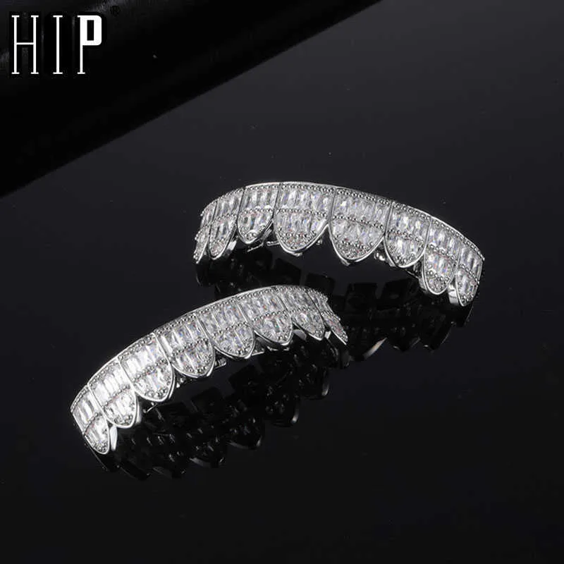 Hip Hop Baguete Pedras Cz Tampas Dentes Cubic Zircon Iced Micro Pave Topbottom Charm Grills para Homens Mulheres Jóias 230726