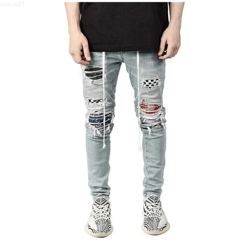 Erkek Kot Moda Günlük Sokak Hip Hop Seyahat Sporları Ekose Denim Yırtıcı Yama Kalem Pantolon İnce Streç Kemer Pantolon Y2303 L230726