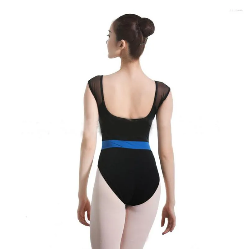 Sahne Giyin Kısa Kollu Ballet Tenarimi Kadınlar için Sırtsız Dans Giyeri Pamuk Spandex Siyah Bodaysuit