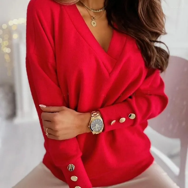 Women's Sweaters Women Shirt Long Sleeve Loose Sweater Solid Color Tops Cuff Buttons V-Neck Classic Basic Hoody Pullover