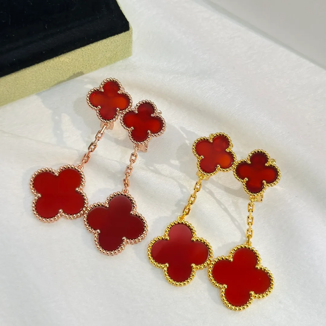 Vintage baumelnde Ohrringe aus Kupfer, Van Clee Markendesigner, roter Kristall, doppeltes vierblättriges Kleeblatt, Blumen-Tropfenohrringe mit Box, Party-Geschenk, Damenschmuck