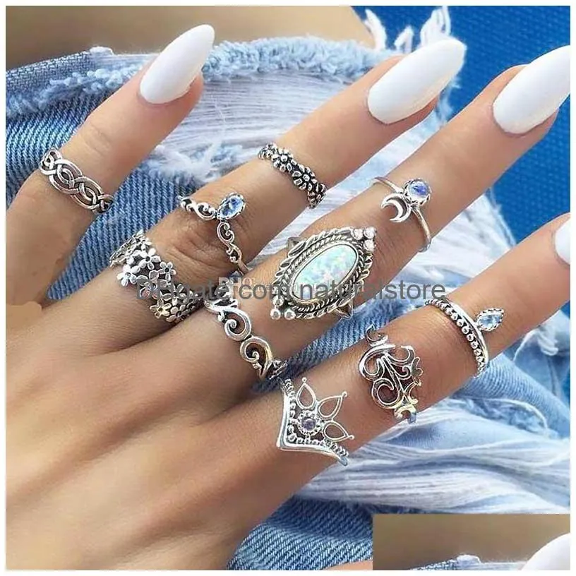 Cluster Rings Opal Ring Ancient Sier Flower Moon Crown Joint Combination Set Women Fashion Jewelry Will And Sandy Gift Drop Delivery Dhjbg