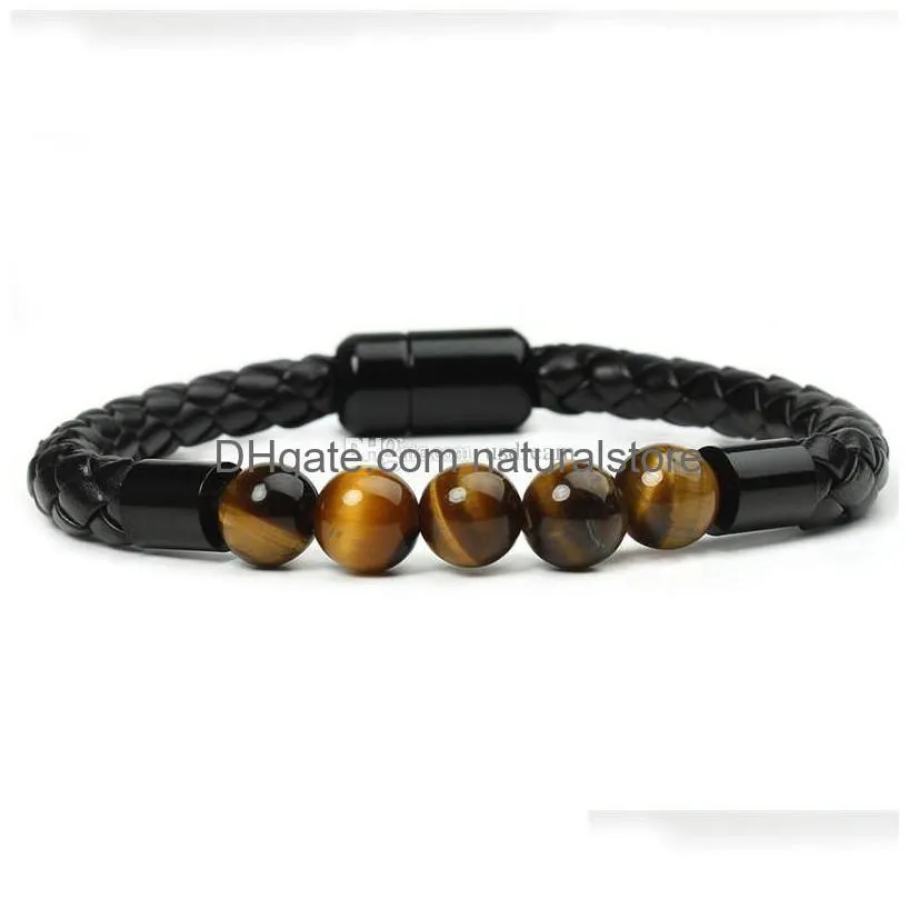Beaded Natural Stone Tiger Eye Strands Magnetic Snap Bracelet Weave Braid Women Mens Bracelets Wristband Bangle Cuff Fashion Jewelry W Dhml3