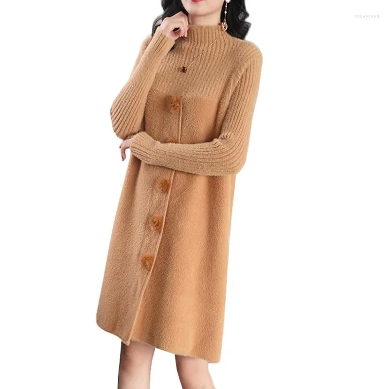 Pulls pour femmes femmes automne hiver Imitation vison tricot pull demi col roulé pull solide à manches longues lâche Mini robe