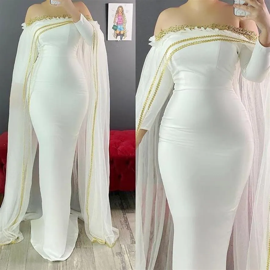 Aso Ebi Sereia Grávida Vestidos De Noite Fora Do Ombro Manga Longa Apliques Dourados Vestido De Baile Formal Com Capa Marroquina kaftan2325