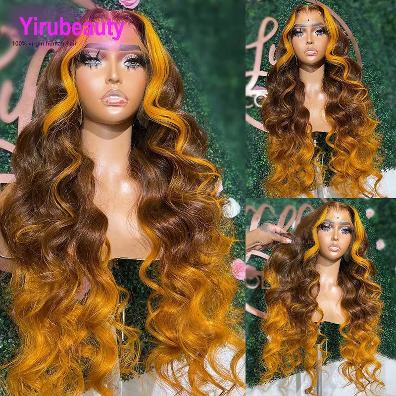 Perucas de cabelo humano ombré amarelo marrom ondulado 13X4 frente de renda 10-32 polegadas cabelo virgem indiano peruano