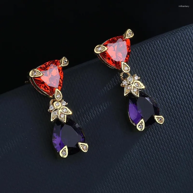 Boucles D'oreilles Exquis Amour Rose Longue Boucle D'oreille Pour Les Femmes Argent Plaque Violet Diamant Fleurs Fiançailles Cadeau De Noël Bijoux En Gros