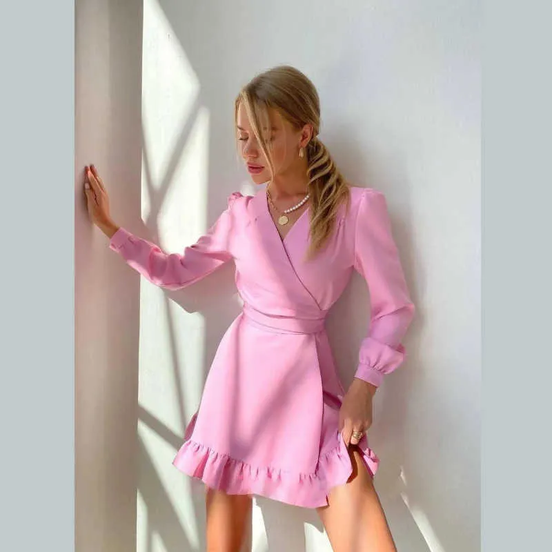 2023 Summer New Women's Pink Short Skirt Set Bestseller Abito a maniche lunghe con scollo a V arruffato in Russia