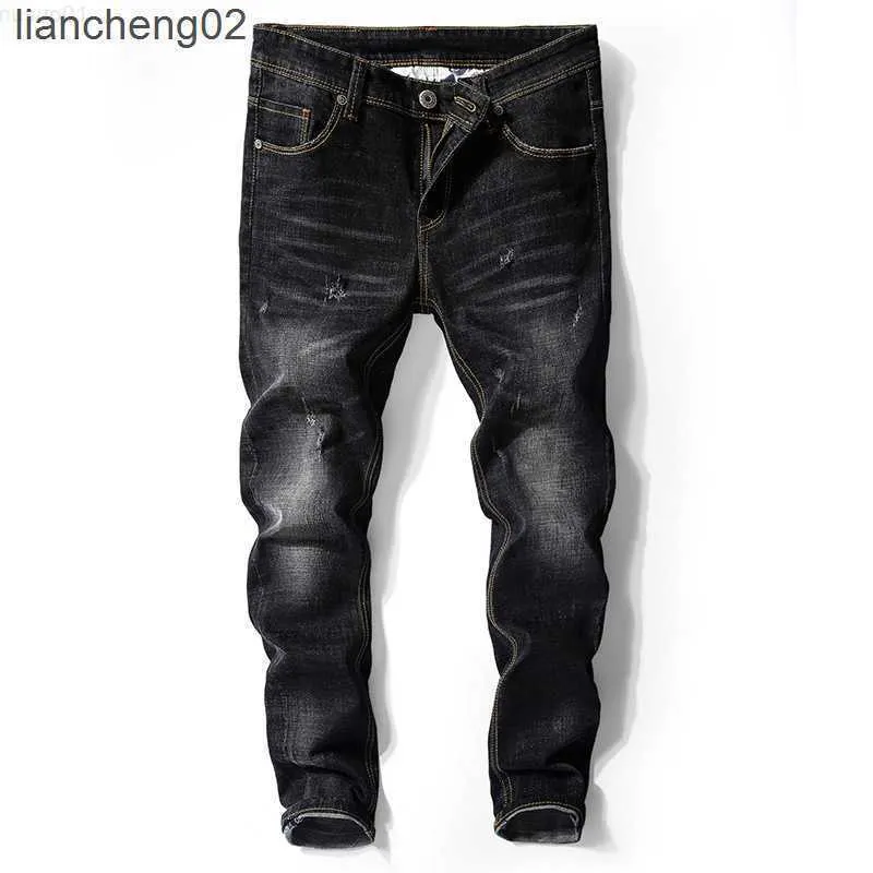 Hommes noir maigre printemps automne solide Slim Denim Cowboy pantalon hommes coton élastique Long Jeans taille 36 W0223 L230726