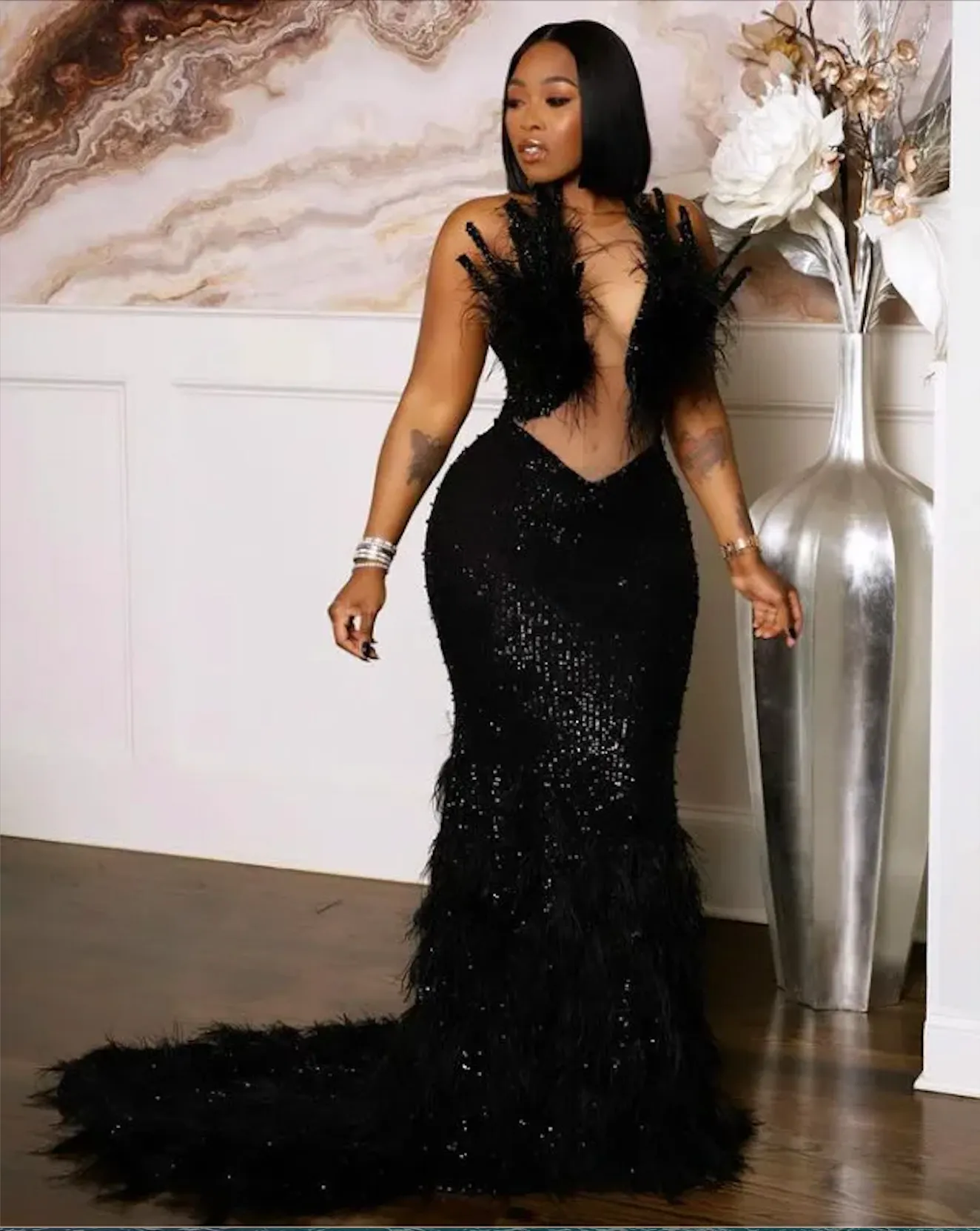 plus size formal dress with feathers Plus Size 2023 Arabic Aso Ebi Black Mermaid Sequined Prom Dresses Sheer Neck Feather Luxurious Evening Formal Party Second Reception Gowns Dress