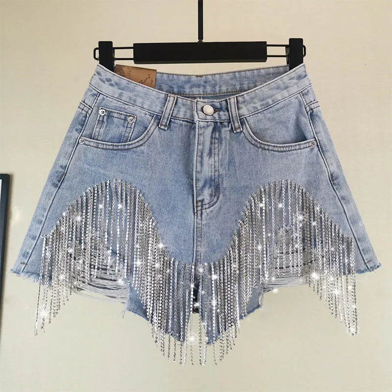 Womens Shorts Summer Ripped Jeans Short Femme High Waist Diamond Tassel Y2k Casual Bottoms for Ladies Denim Women Clothing Fashion 230725