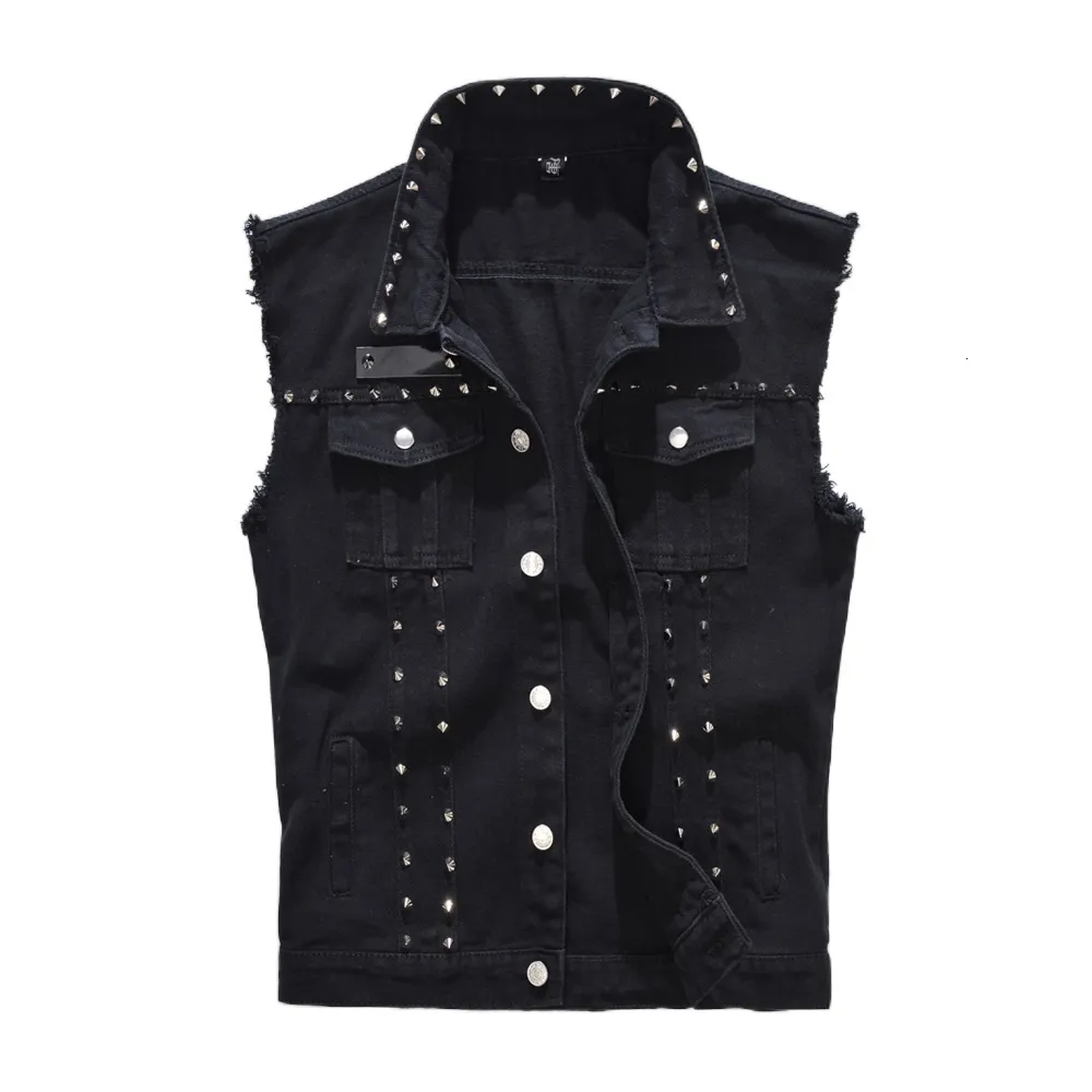 Hommes Gilets Denim Gilet Hommes Punk Rock Rivet Cowboy Noir Jeans Gilet De Mode Hommes Moto Style Sans Manches Jeans Veste M-6XL 230725