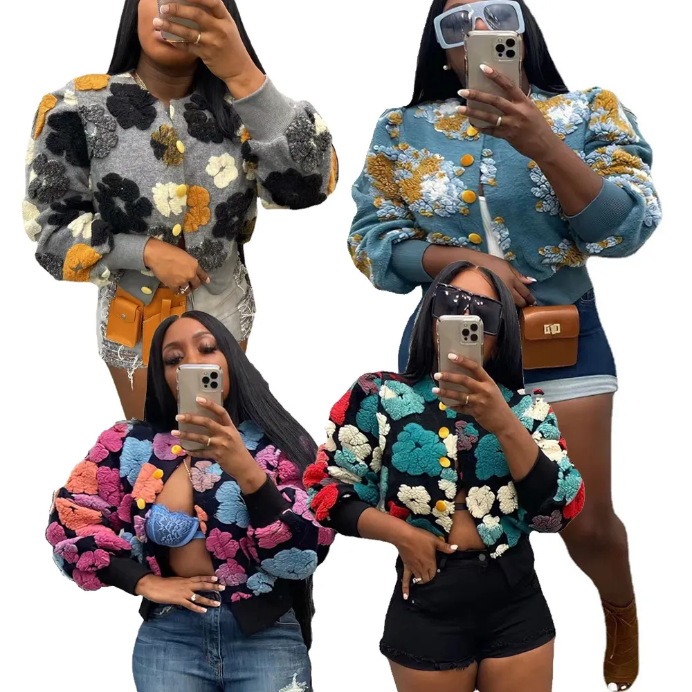 Women's Jackets Winter Retro Plush Wool Flowers Embroidery Cardigan Ins Coat Long Sleeved Crop Y2K Streetwear Fur Womens 3D Flower Bomber Jacket 230726