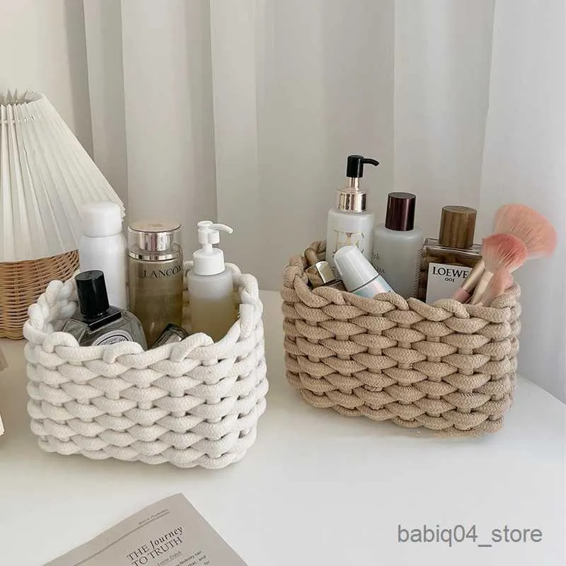 Storage Baskets Cotton Rope Woven Storage Basket with Handle Sundries Cosmetic Storage Box Toys Snack Desktop Makeup Organizer Cotton Baskets R230726