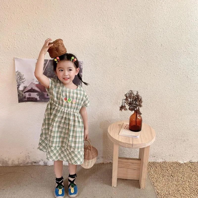 Mädchen Kleider 2023 Korea Stil Mädchen Plaid Kleid Mode Kurzarm Sommer Kinder Kleidung 2-8 Jahre