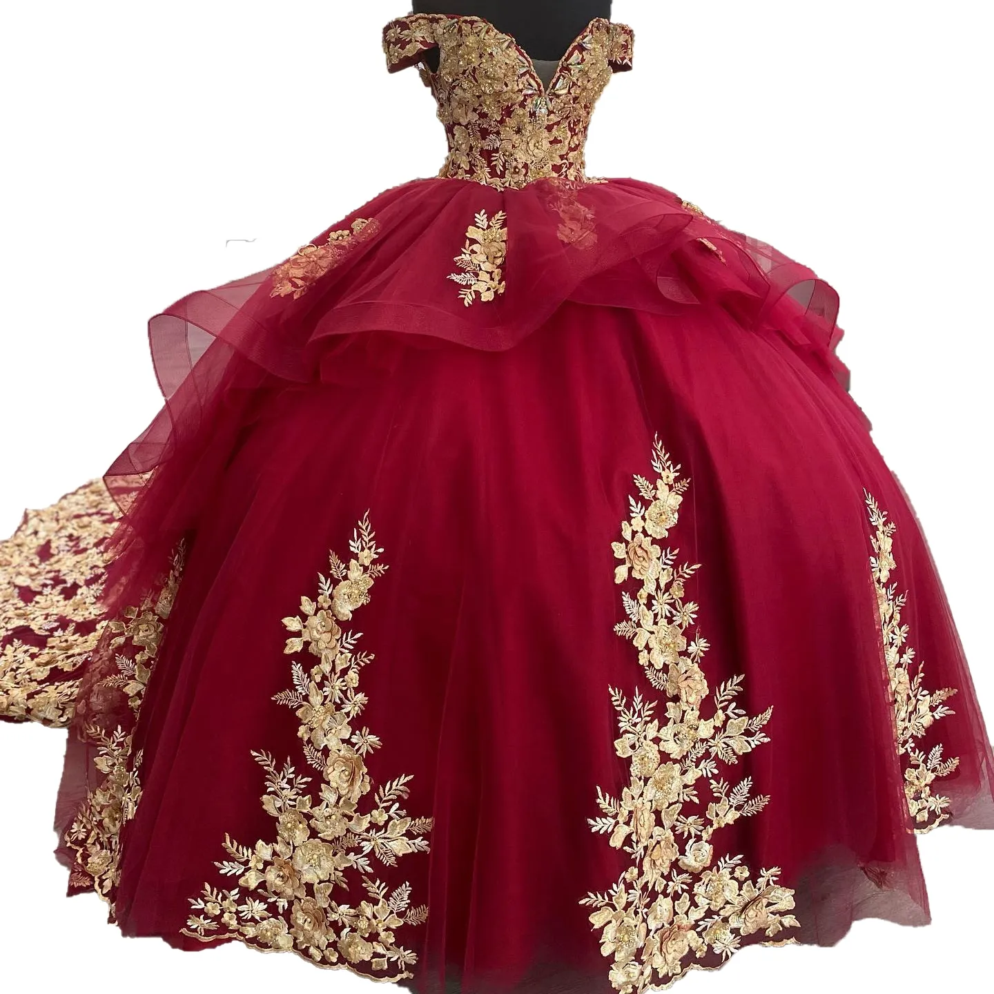 Rouge / Or Quinceanera Robe 2024 Dentelle Appliques Charro Mexicain Coing Doux 15/16 Robe De Fête D'anniversaire pour 15e Fille De Bal robe de 15 ans Corset Off-the-Shoulder