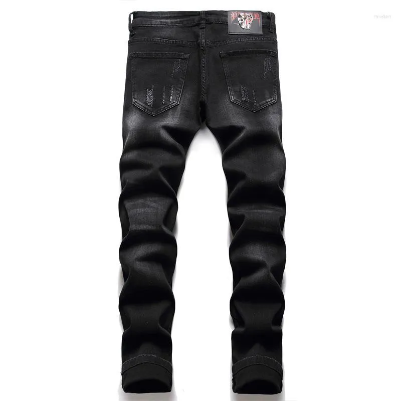 DHgate Mens Denim Jeans Skull Embroidery Letter Ripped Harajuku Slim Fit Broken Hole Pants Apparel