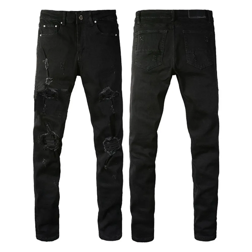 Mens Designer Jeans för herr Black Motorcykeltrenden Long Straight Hole High Street Denim Rippade jeans Miri Jeans Herr Jeans Designer Jeans Knee Skinny Pants Jean 30