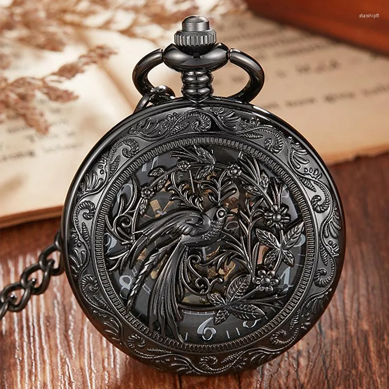 Relojes de bolsillo, reloj mecánico de lujo, reloj Vintage para hombre, cadena negra, esqueleto Steampunk, clásico para hombres, colgante de fábrica chino