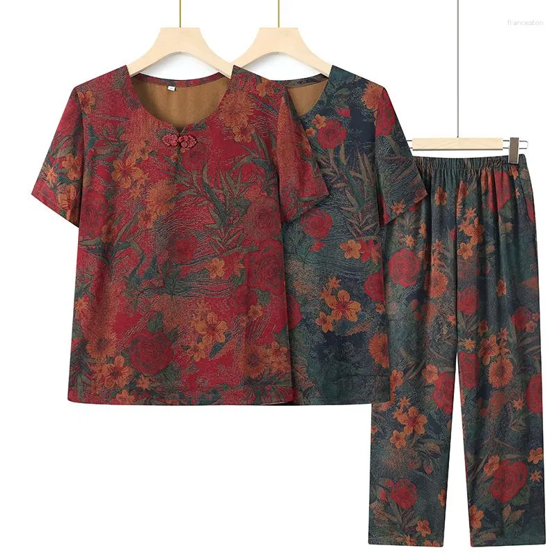 Kvinnors tvåstycksbyxor 2023 Summer Kvinnor Ice Silk Elasticitet Kort ärm Set Set Large Size medelålders Mother Floral Print Clothes Two-Piece