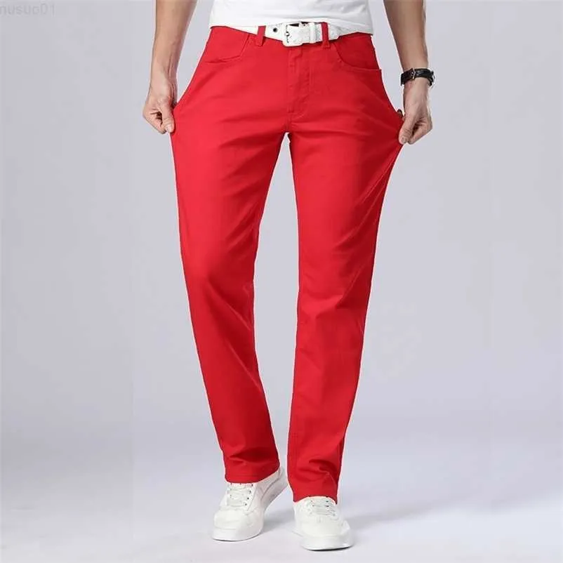 New Autumn Men's Red Jeans Classic Style Straight Elasticity Cotton Denim Pants Male Brand White Trousers 210318 L230726