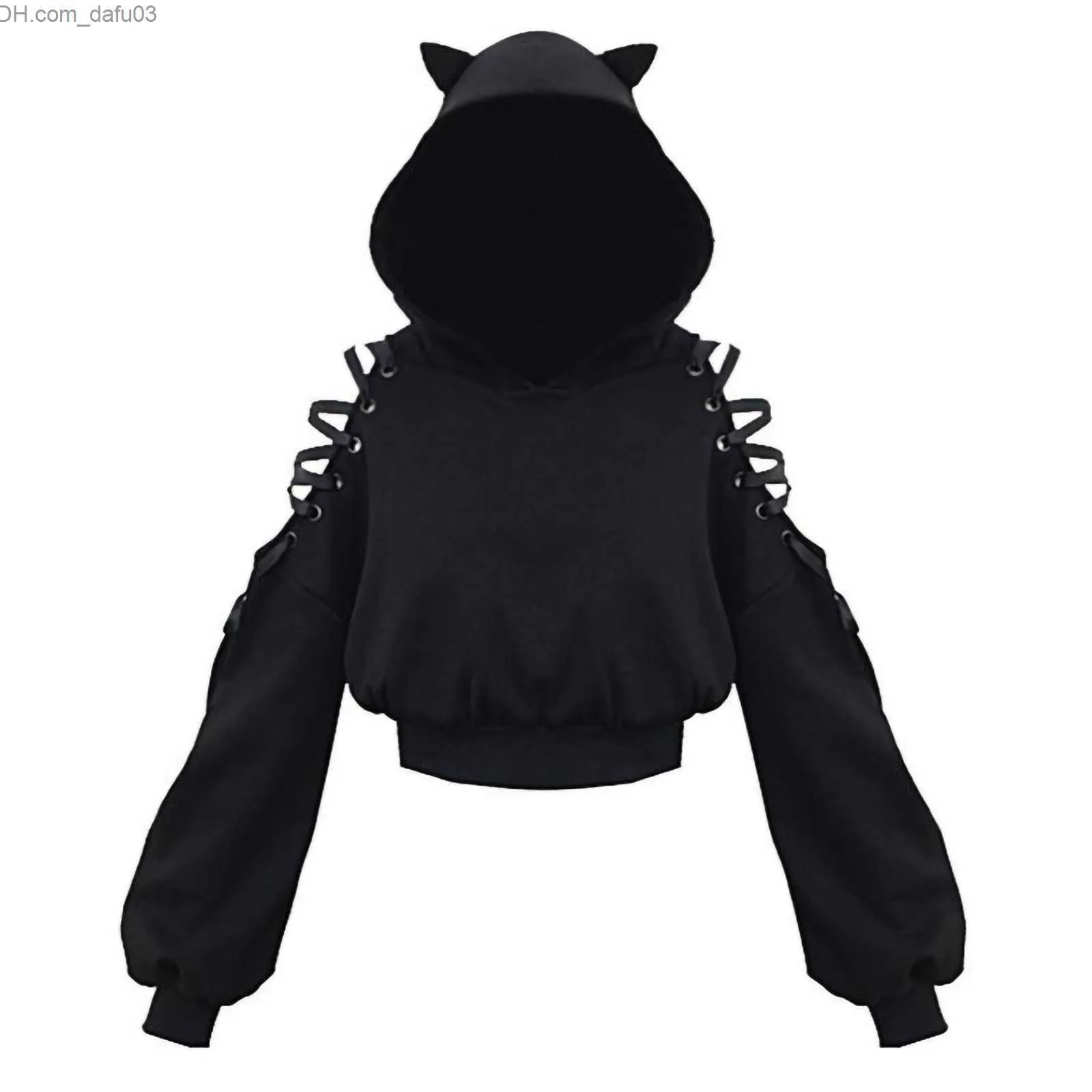 Women's Hoodies Sweatshirts Harajuku Sweatshirt Women's Punk Gothic Hoodie Autumn Winter Plus Velvet Hollow Lace Long Sleeve Cute Cat Ear Hoodie Z230726