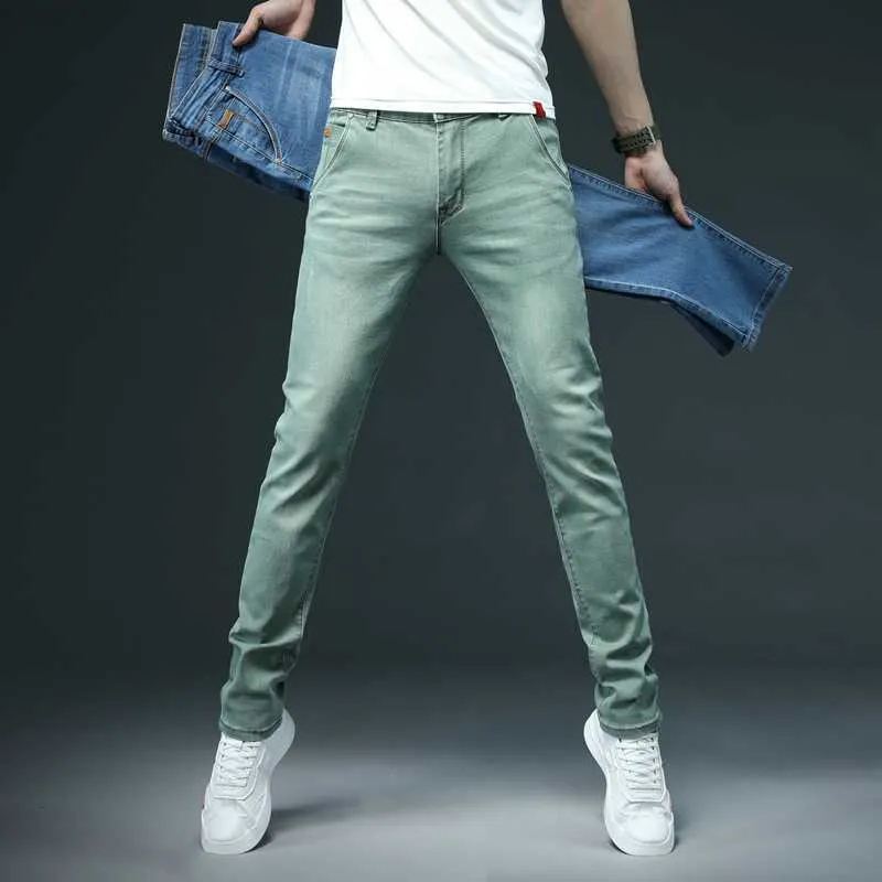 Mäns 7 färg män sträcker mager jeans mode casual smal fit denim byxor blå grön svart khaki vita byxor manliga märke 230316 l230726