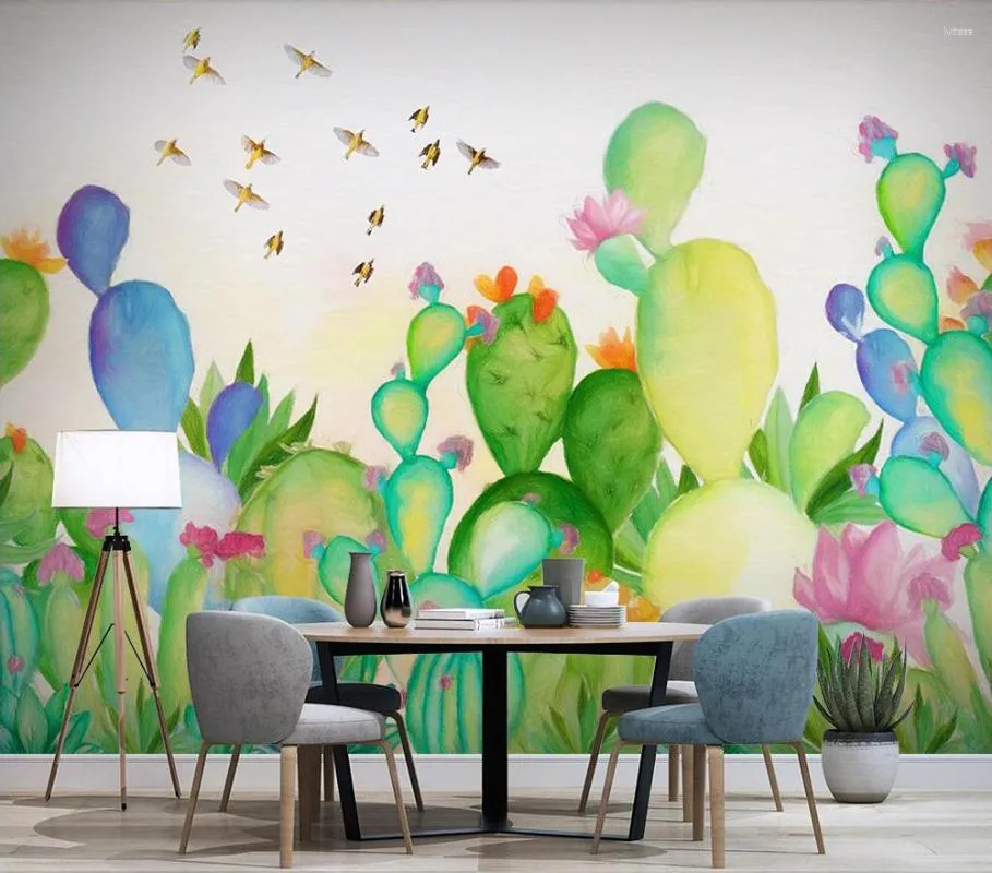 Wallpapers Decorative Wallpaper Hand Painted Cactus Background Wall Painting