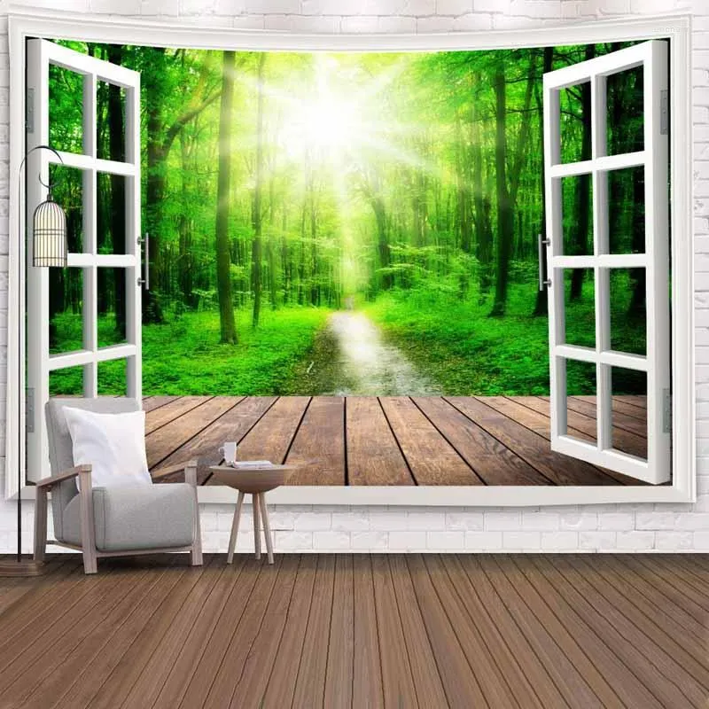Tapissries 3D Window Green Tree Forest Tapestry Wall Hängande solljusduk Hippie Decor Filt