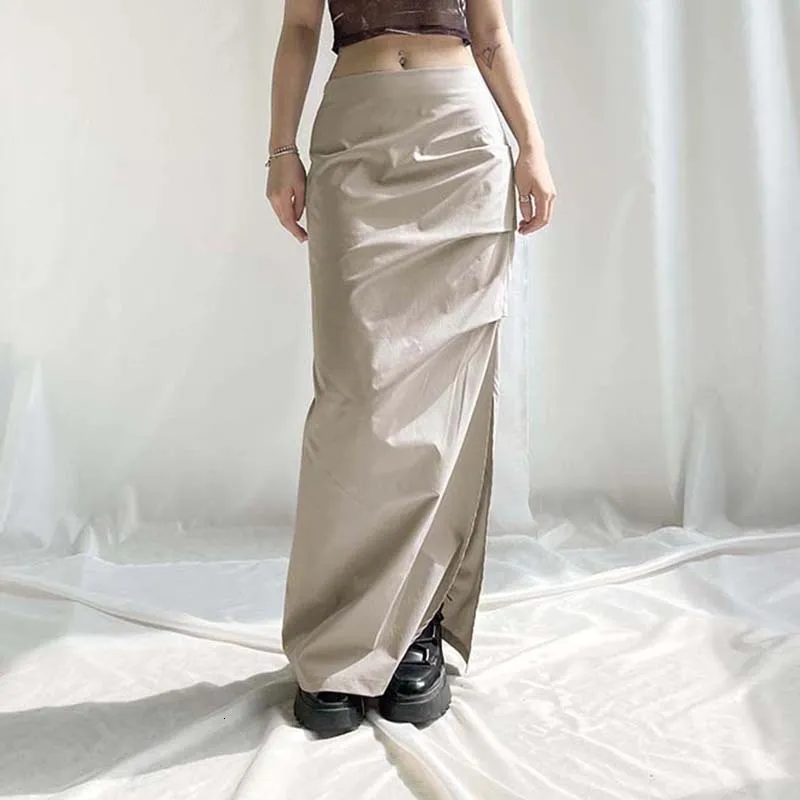 Skirts Y2k White Front Ruffle Drawstring Casual Long Skirts Women Back Streetwear With Pockets Low Waist Loose Preppy Cargo Skirt 230725