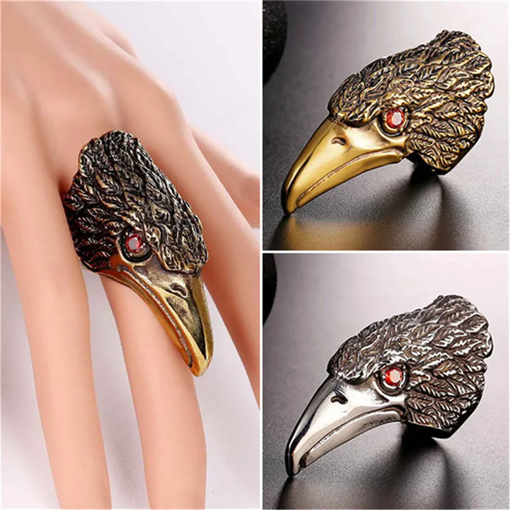 Wedding Rings Mens Biker Ring Black gold color Stainless Steel Eagle Head Red Crystal Eyes cluster rings for men 230725