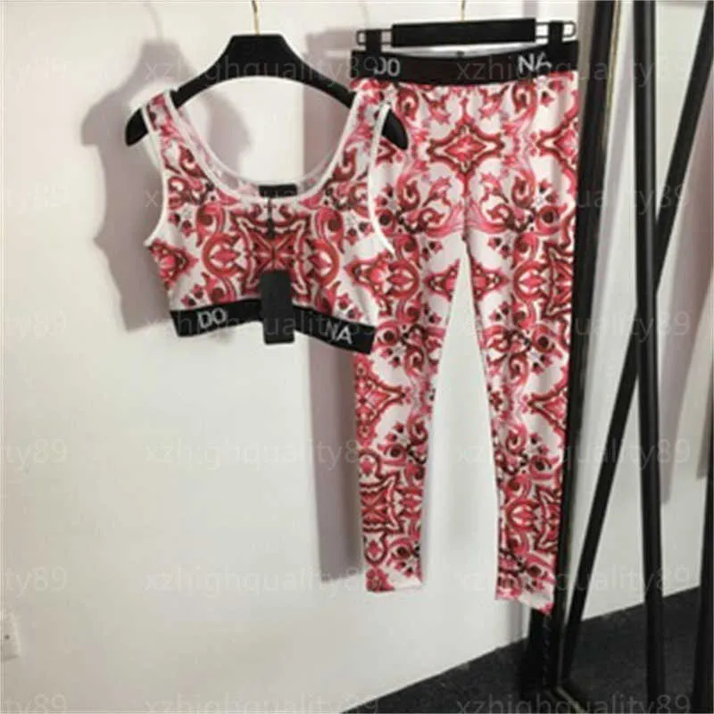 Women Tracksuit Vest Pants Two Piece Set Retro Floral Print Top Letter Ribbon Midje Tank Red Prints Stretchy Skinny Botts Designer Suit Tracksuits Womens