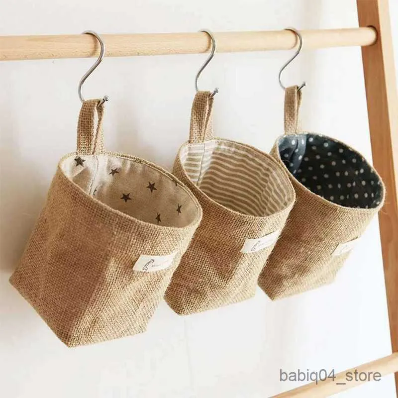 Storage Baskets Home Decor Stripe Hanging Pocket Small Sack Sundries Organizer Cosmetic Organiser Cotton Storage Bag Storage Baskets R230726