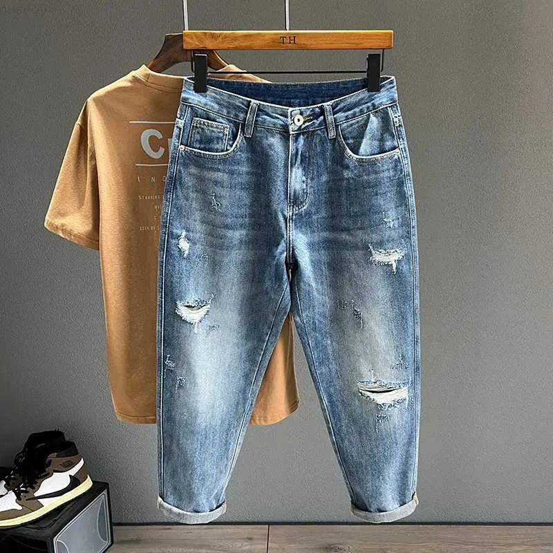 Men's Hip Hop Jeans Men Frayed Slim Little Feet Streetwear Blue Ankle Length Denim Trousers Male Casual Fashion Retro Cropped Pants 230316 L230726