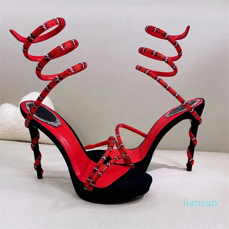 Roma Sandali con plateau moda Nero Rosso Strass gemellare piede anello scarpe da donna Designer di lusso fascia stretta 12,5 cm tacco alto novità Tacco avvolgente Sandalo